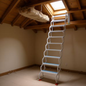 Échelle d'accès au grenier rétractable en alliage blanc à 12 marches, 9,8 pieds, pliable avec accoudoirs et verrouillage automatique par poids - Product Image 2