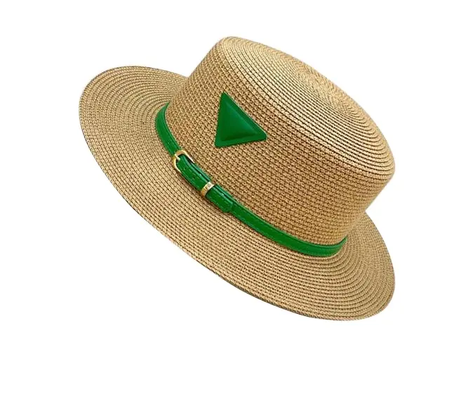 Açık seyahat tatil güneş koruma fransız tarzı hasır şapka kadın retro yeşil üçgen etiket düz kasket