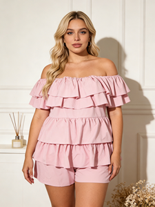 Plus Size <b>Pink</b> <b>Off</b>-<b>the</b>-<b>Shoulder</b> Tiered Ruffle Solid One-piece suit Women's Casual Summer Shorts Quick Dry Knit Regular Fit - Product Image 6