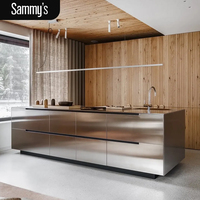 Ensemble de meubles de cuisine modulaires écologiques modernes Sammy en forme de L, en MDF stratifié, avec évier en verre et robinet, cave à vin allemande