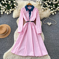 Robe longue en jean coréen patchwork color block 2026 pour femme, cintrée à la taille, élégante, coupe trapèze, pour le bureau et le quotidien