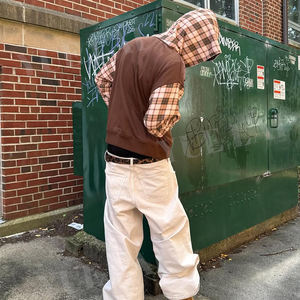 Logo personnalisé 100% coton Patchwork bloc de couleurs à carreaux recadrée lavage à l'acide en détresse <span class=keywords><strong>soleil</strong></span> fané fermeture éclair Vintage à capuche pour hommes - Product Image 5