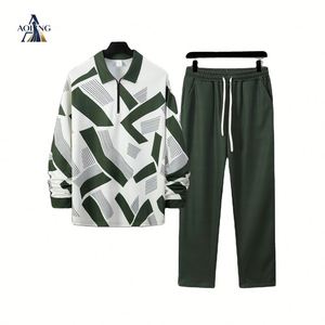 2026 Musim Gugur Terlaris Pria Kaos Polo Lengan Panjang Setengah Resleting Bermotif Garis Dengan Celana Panjang Longgar Setelan Kasual Dua Potong - Product Image 5