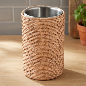 Round Bamboo Woven Ice Bucket Stainless Steel Inner Insulated Beverage <b>Cooler</b> Bohemian Style - Product Image 1