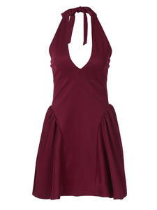 Avrupa amerikan yaz koleksiyonu yeni Backless bel zayıflama rahat elbise derin V asılı boyun seksi katı desen düştü - Product Image 6