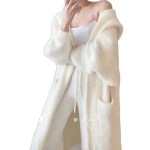 Bestseller Damen Flauschige Lange Pullover Winter Langarm Locker Gestrickte Offene Vorderseite Midi Kapuzen-Strickjacke Damen Strickmäntel - Product Image 1