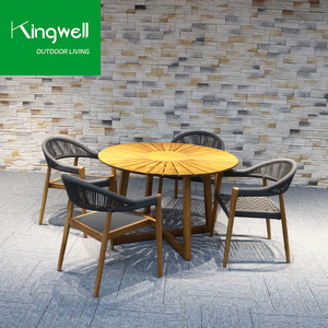 Set <span class=keywords><strong>da</strong></span> Pranzo Moderno per Esterni in Legno di Teak con Tavolo Rotondo e 4 Sedie con Intreccio in Corda per <span class=keywords><strong>Giardino</strong></span>, Hotel e Parco - Product Image 1