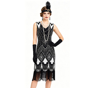 1920er Vintage Paillettenkleid mit Perlen- und Quastendetails Ärmellos V-Ausschnitt Wadenlang Partykleid Retro Cocktailkleid für Damen - Product Image 2