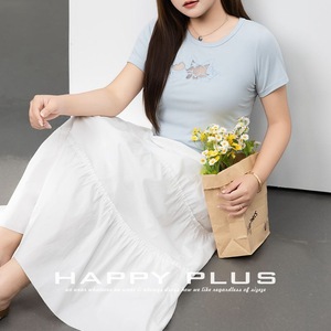 T-shirt à manches courtes bleu clair pour femme Happy Plus avec broderie renard, tricot respirant, style universitaire, grande taille - Product Image 5