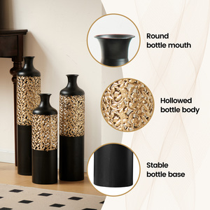 Handcrafted Metal Floor <b>Vase</b> Set Black Gold Cutout Design Tall <b>Vases</b> 20.8 24.8 28.7 Inches Living Room Entryway Decor - Product Image 6