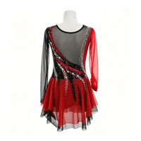 Robe de danse patinage rouge et noire en maille à manches longues avec strass, asymétrique diagonale, pour enfants et adultes, compétition et performance