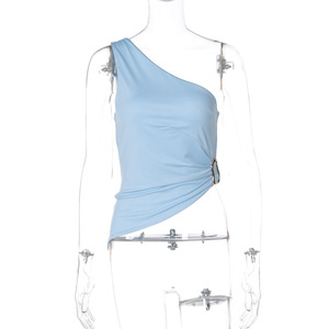 T-shirt sans manches ajusté à col asymétrique pour femme, tendance été - Product Image 6