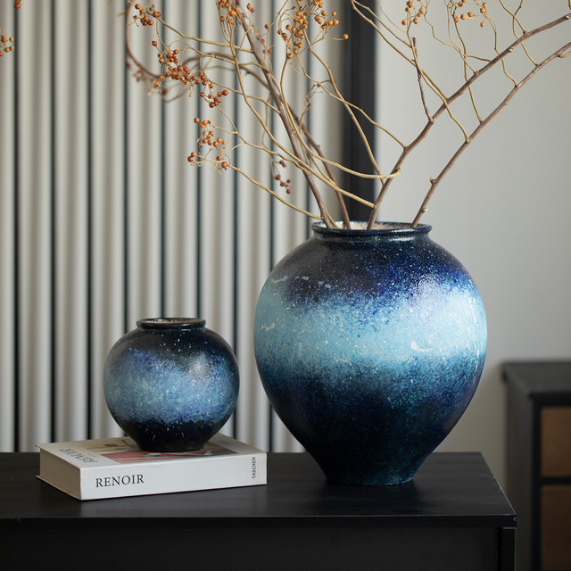 Dark Blue Starry Sky Gradient Spherical Handmade Stoneware Vase Modern Minimalist Home Decor Light-Luxury Desktop Flower