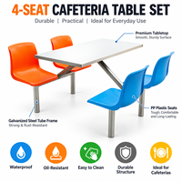 Ensemble de table de cantine intégrée en acier contemporain 4 places avec chaises en plastique colorées, mobilier de salle à manger scolaire