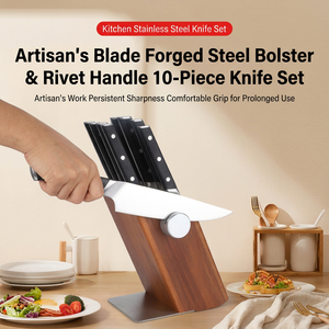 Lot de 10 couteaux de cuisine avec aiguiseur intégré, manche triple rivet et bloc en bois – Vente en gros - Product Image 5