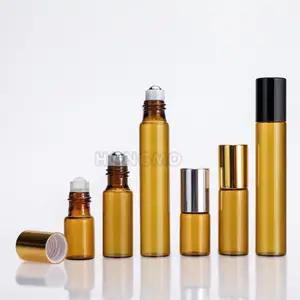Empty 3ml 5ml 10ml 10 ml amber glass roll on bottles perfume roller vials with black silver lid gold cap for essential oil