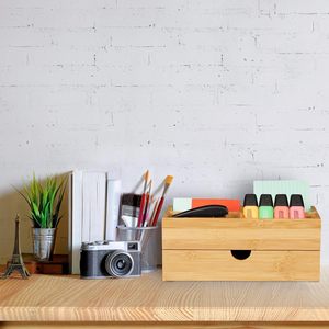Bamboo Cosmetic Storage <b>Box</b> With Drawer And Compartments For Jewelry <b>Makeup</b> Desktop Organizer Minimalist Style Rectangle Shape - Product Image 3