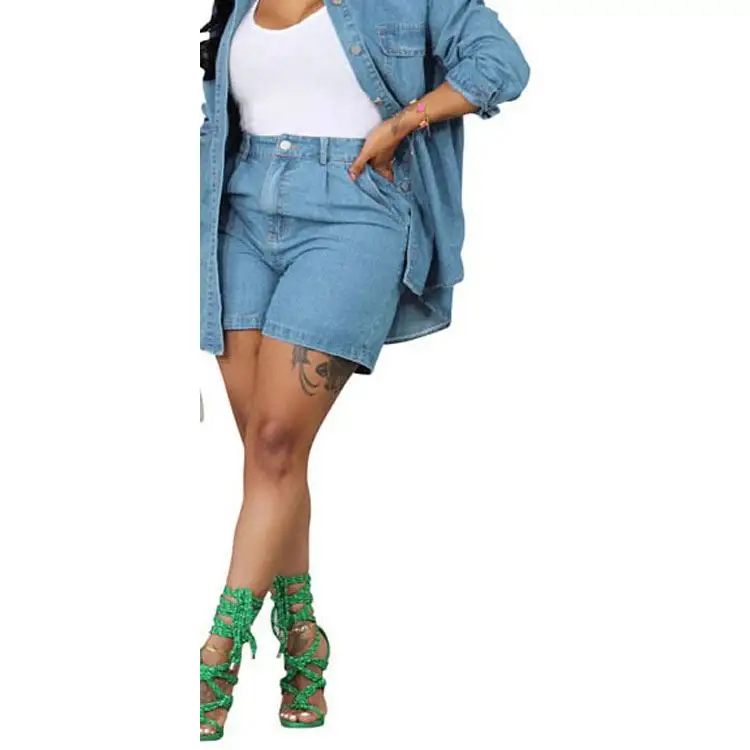 2024 Herfst Nieuwkomers Vrouwen Denim Jeans Blouse Twee 2 Delige Hoge Taille Shorts Set Jeans Moderne Kleding Outfit Voor Vrouwen Street