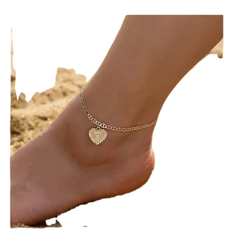 Corrente de joias personalizada, tornozeleira para mulheres com contas banhadas a ouro A-Z letras figaro inicial