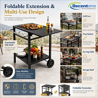 Chariot à roulettes à deux niveaux avec plateau extensible pliable, crochets en S, grandes roues, cadre en métal noir, chariot de service pour barbecue