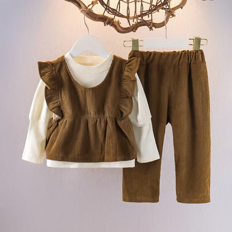 Conjunto de salón de pana para bebé Mezcla de algodón Lindo manga larga Rib Knit Trimed tee Tops chaleco y pantalones con volantes Conjunto de ropa para niña