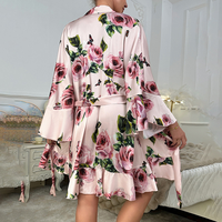 Pyjama de luxe ample et confortable pour femme, en soie japonaise texturée, col en V, manches longues, à lacets, respirant, imprimé à volants, pour la maison