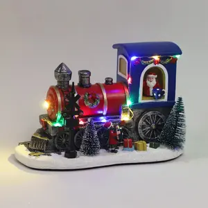 Fancy Led brillante resina tren de juguete estatuilla Decoración de mesa pequeña tienda con luces Led tradicional Navidad al por mayor