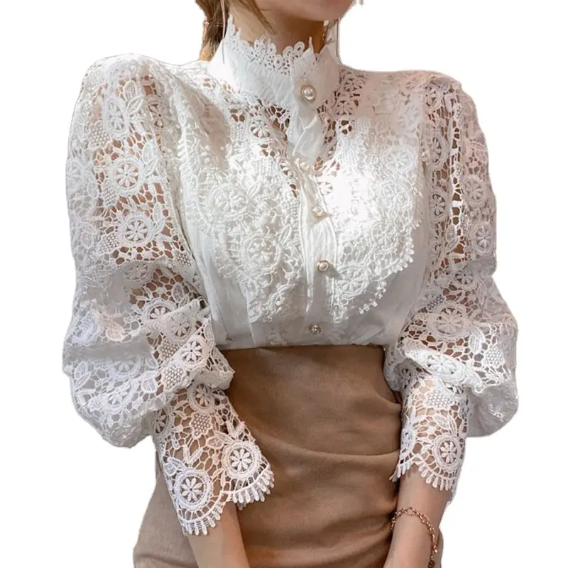 Petal Sleeve Stand Collar Hollow Out Flower Lace Patchwork Shirt Women Blouse Chic Button White Top