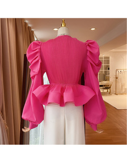 Camisa de Mujer con Mangas Abullonadas, Cuello en V, Volantes 3D, Cintura con Lazo y Mangas Largas, a la Moda - Product Image 6