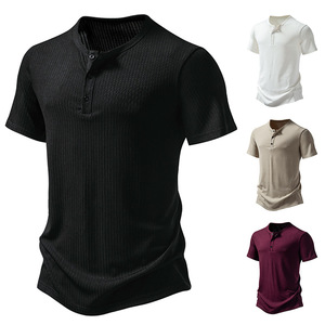T-shirt da uomo girocollo a tre bottoni in maglia a costine, a maniche corte, tinta unita, sportiva, vestibilità ampia, per giovani, nuova collezione estate 2026, 100% cotone - Product Image 3