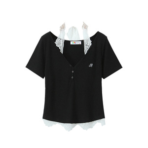 Happy Plus <b>Lace</b> Halter Neck Knitted <b>Top</b> N9150 Plus Size Women's Set <b>Black</b> Solid Color - Product Image 2