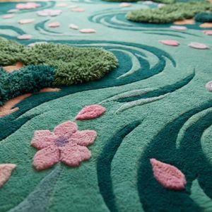 Teal Green Wool Area <b>Rug</b> Crafted with Moss Hand Tufted Floral River Artwork for Living Room Bedroom <b>Nursery</b> Kids Room Play Area - Product Image 3