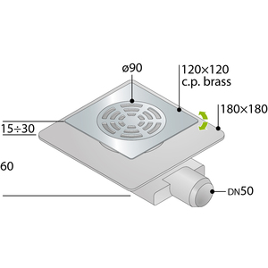 Drenaje de Ducha Moderno TIRANA de 120x120 mm para Montaje en Suelo con Filtro de 50 mm, Acero Inoxidable y Plástico ABS para Uso en Exteriores - Product Image 4