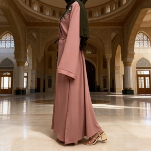 Elegant Closed Abaya Garment with Waist Tie Tassel and Intricate Black <b>Applique</b> Embroidery for Islamic Women (style 6510) - Product Image 3