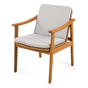 Modern Outdoor Dining Chairs Set of 2 Teak Color Acacia Wood <b>Frame</b> Brown PE Wicker <b>Grey</b> Waterproof Cushion for Home & Hotel Use - Product Image 5