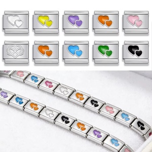 Romántico y Colorido Doble Corazón Italiano de Acero Inoxidable de 9mm para Pulseras DIY, Abalorio para Hacer Joyas, Regalos de San Valentín - Product Image 1