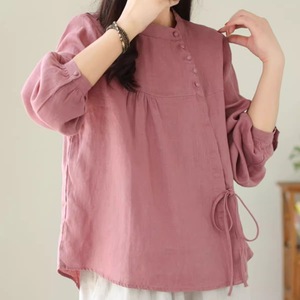 Sky Blue Cotton Linen Shirt Women Long Sleeve Loose Fit Tie Front Blouse Autumn Everyday Wear - Product Image 4