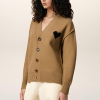 Fabricants de tricots OEM de Chine personnalisé femmes tricot Jacquard Intarsia laine marron Paris coeur Cardigan pull femmes avec bouton