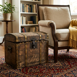 Coffre <span class=keywords><strong>au</strong></span> <span class=keywords><strong>trésor</strong></span> pirate en bois de style antique avec quincaillerie en laiton - Grand coffre de rangement décoratif pour jouets et décoration intérieure - Product Image 6