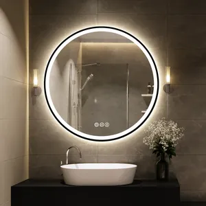 New Technology Paint Spraying Black Frameless Mirror,Round Smart Touch Anti-Fog Led Mirror For Bathroom