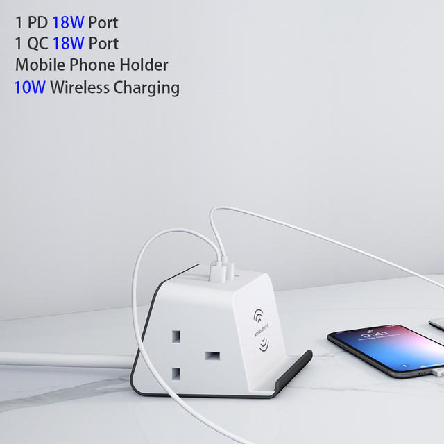 Desktop Clamp Cube UK Power Strip Multi-function Extension Cable Socket with 10W Wireless Charging