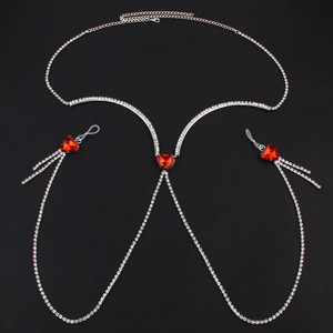 Rave Red Heart Nipple Chain Lencería No <span class=keywords><strong>Piercing</strong></span> Jewelry Sexy Top Simple Rhinestone Chest Chain Bra Bikini Body Chain para mujeres - Product Image 3