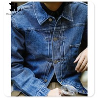 LARSUR Veste en jean personnalisée avec lisière, délavée en usine, bouton Western Style japonais Paris Veste en jean de récupération à boucle pour hommes