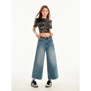 2025 primavera nuevo estilo de mujer de ocho puntos de cintura alta Slim Straight All-match pantalones vaqueros de longitud media sueltos de pierna ancha para mujer - Product Image 5