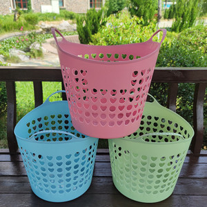 <b>Large</b> Thickened Plastic Laundry <b>Basket</b> Round Hollow Handle Mixed Color Eco Friendly Storage Organizer For Household Clothes - Product Image 1