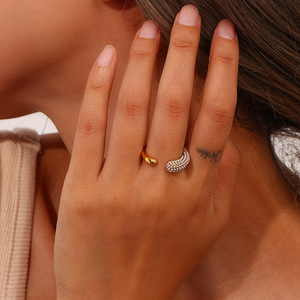 Pave Zircon Open Cuff <b>Ring</b> Pvd 18K Gold Plated Hypoallergenic Stainless Steel <b>Adjustable</b> Trendy Decorative Finger <b>Ring</b> - Product Image 5