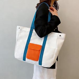 Sac fourre-tout en toile durable à blocs de couleur, grande capacité, plusieurs poches, tissu robuste, sac à bandoulière quotidien pour étudiant, personnalisation du logo possible - Product Image 3