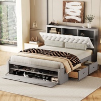 Lit bas en bois massif rembourré gris à motif losanges avec tiroirs de rangement sous le lit, modèle N112, démontable