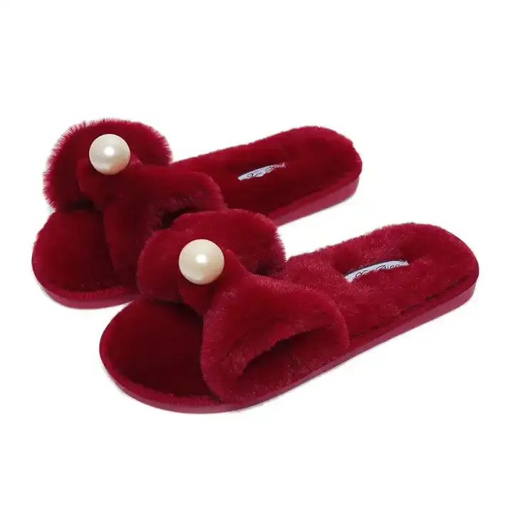 Custom Color Wholesale Factory Ladies Slippers Pearl Bowknot Fluffy Slippers