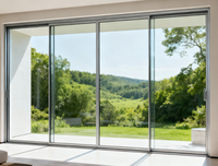 Portes coulissantes encastrées en aluminium à rupture de pont thermique, antivol et résistantes aux intempéries, de conception française Beigeman, pour l'extérieur des appartements et les chambres à coucher